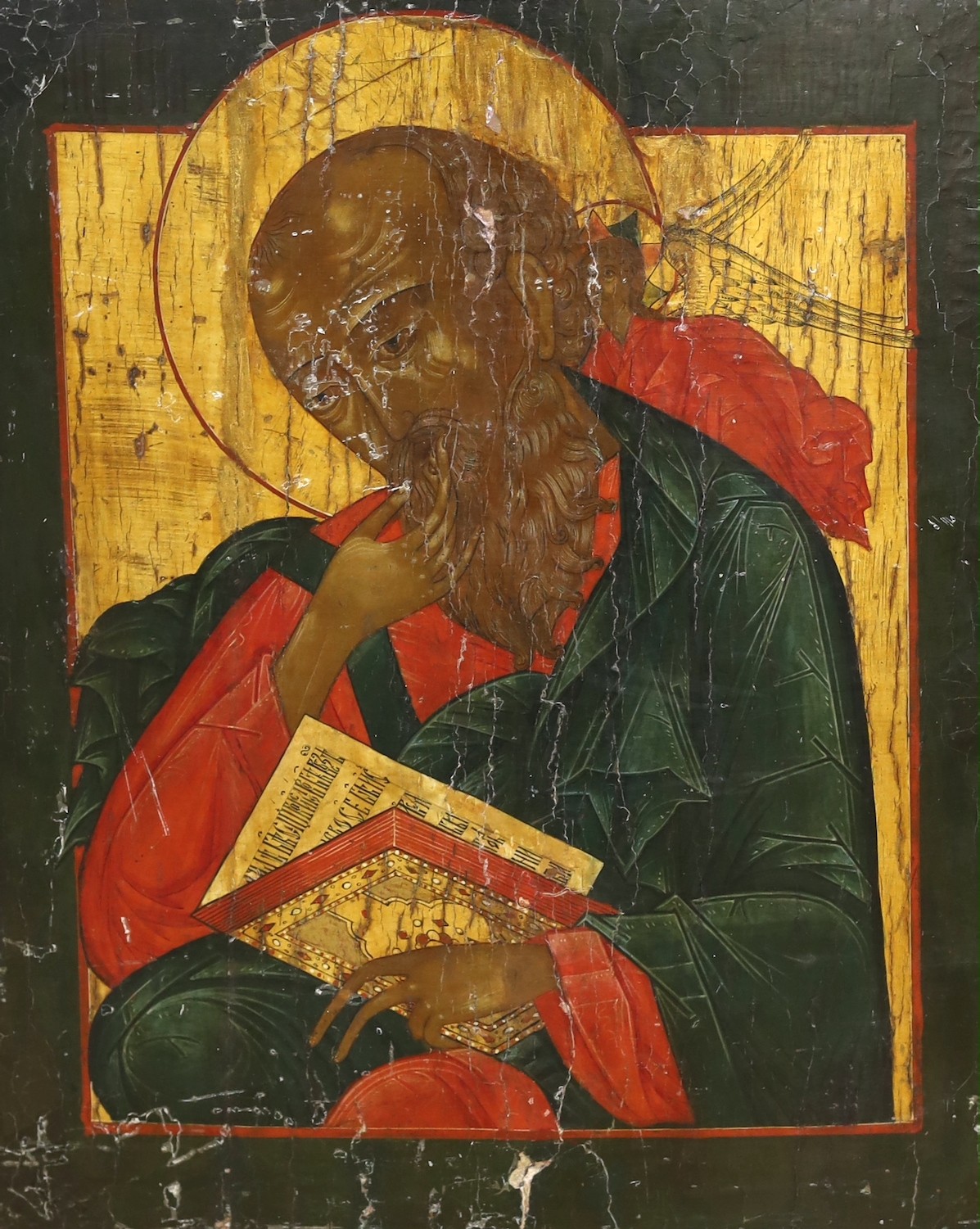 19th Century Russian School, tempera on wooden panel, Icon of St John the Evangelist, Maria Andipa label verso, 51 x 43cm